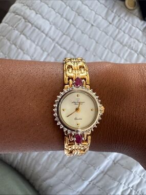 Gold-Tone Women's Bracelet Watch with Pink Stone Accents
